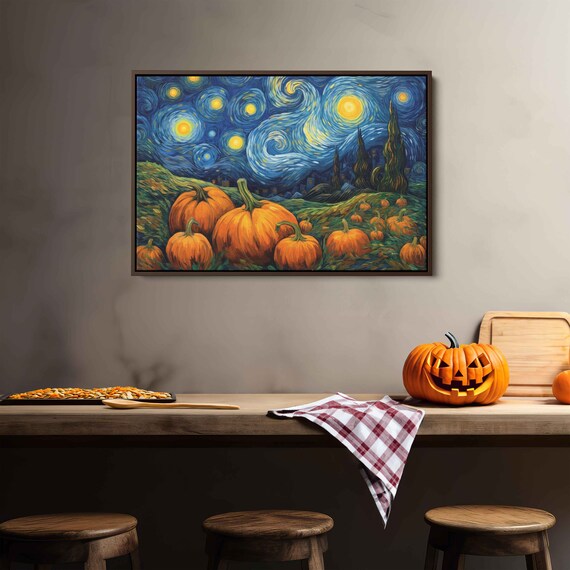 Halloween Pumpkins Under Van Gogh Starry Night Swirling Sky Art Poster