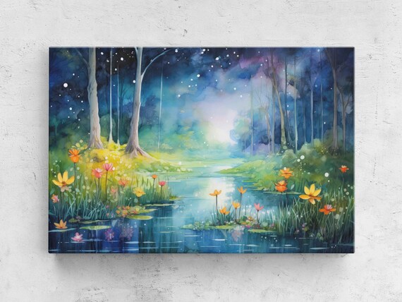 Watercolor Whimsical Pond In Forest Print On Ready To Hang Housewarming Gift Beautiful Bright Colors
