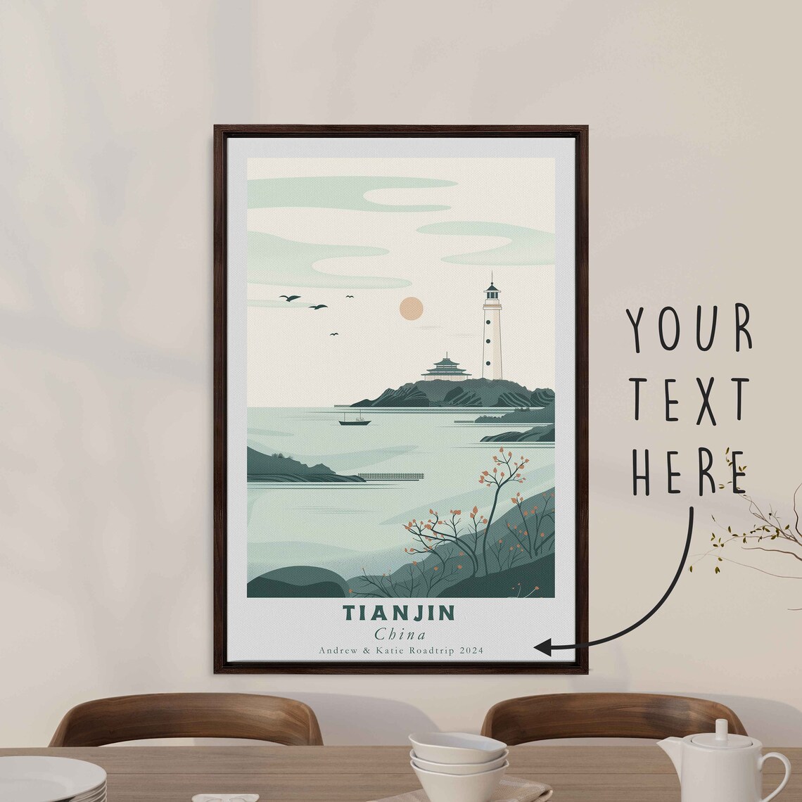 Tianjin China Lighthouse Island Sea Sailboat Minimal Art Travel Poster - Image 3