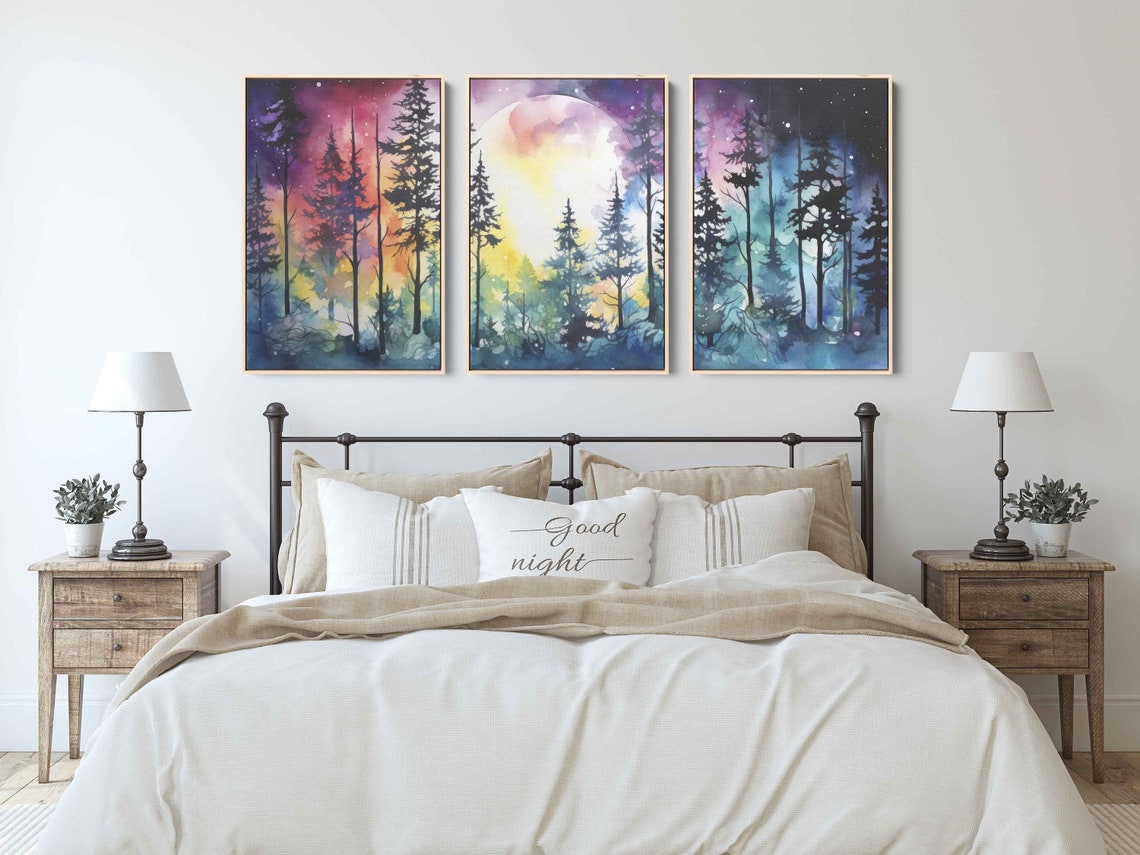 Moonlit Forest Triptych Watercolor Full Moon Pines Night Wall Art - Image 4