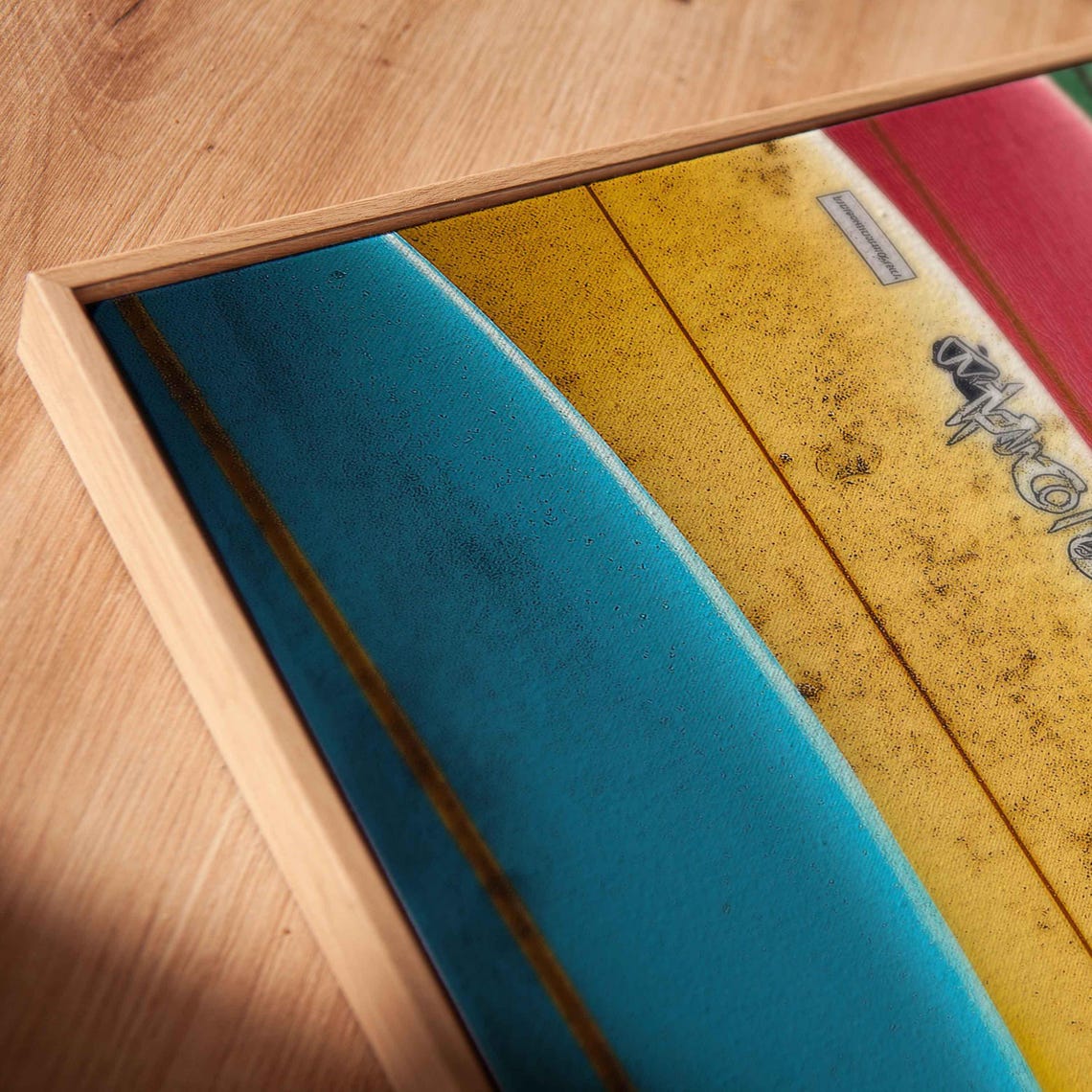 Surfboards Resting On Sandy White Beach Wall Art Print Gift For Surfer Blue Water Ocean Painting Ready To Hang - Image 2