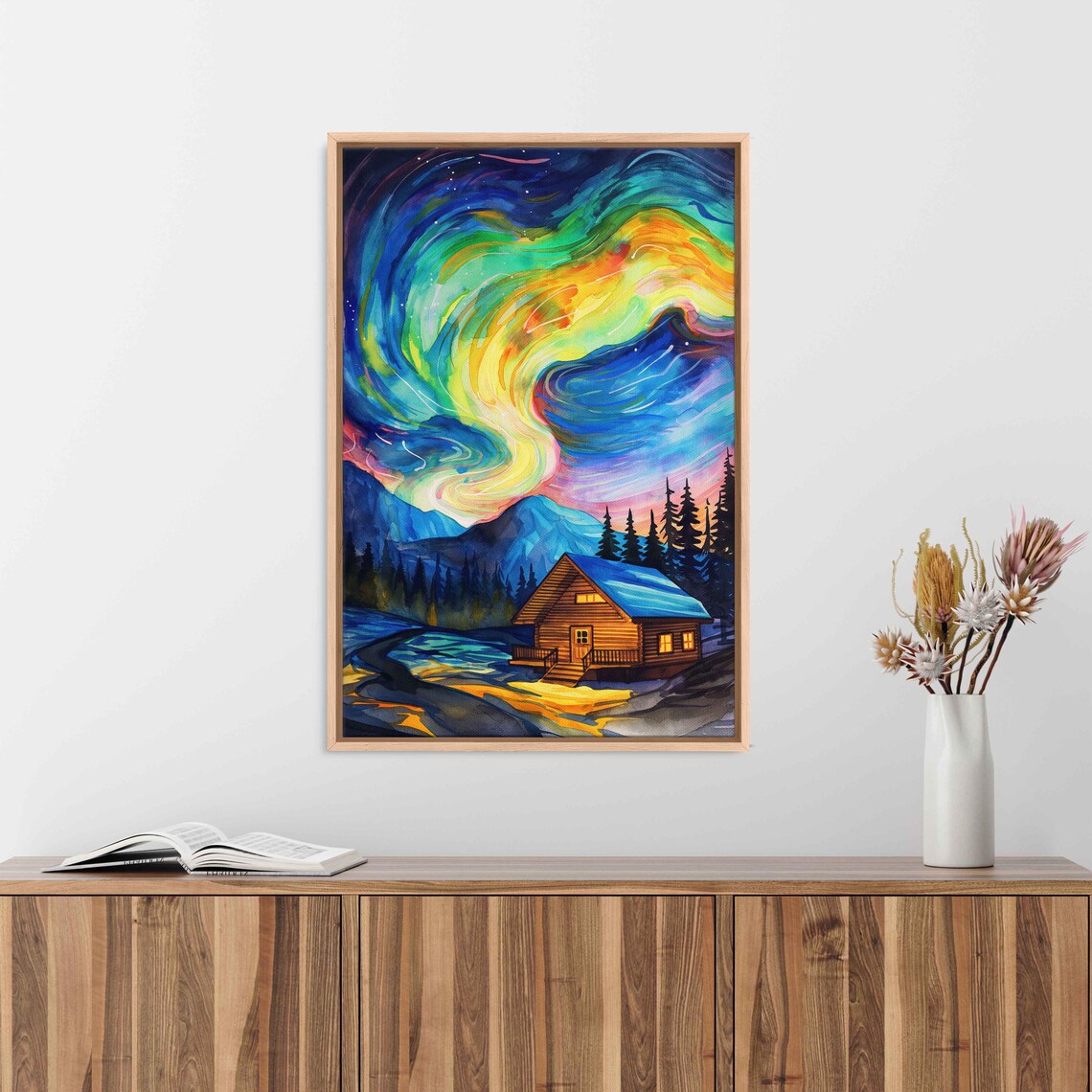 Rainbow Aurora Borealis Over Cozy Log Cabin Mountain Retreat Night Poster - Image 3