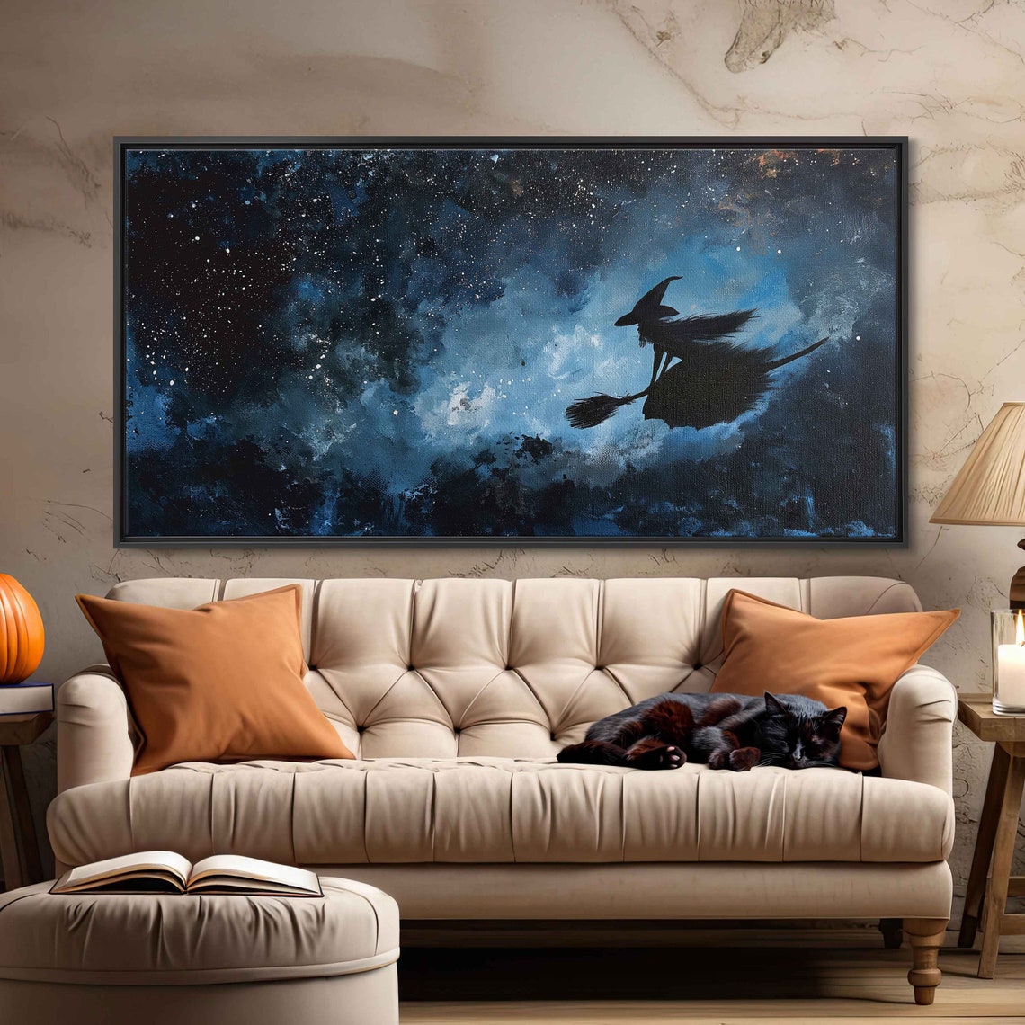 Witch Flying On Broomstick Across Starry Night Sky Painting Poster - Image 3