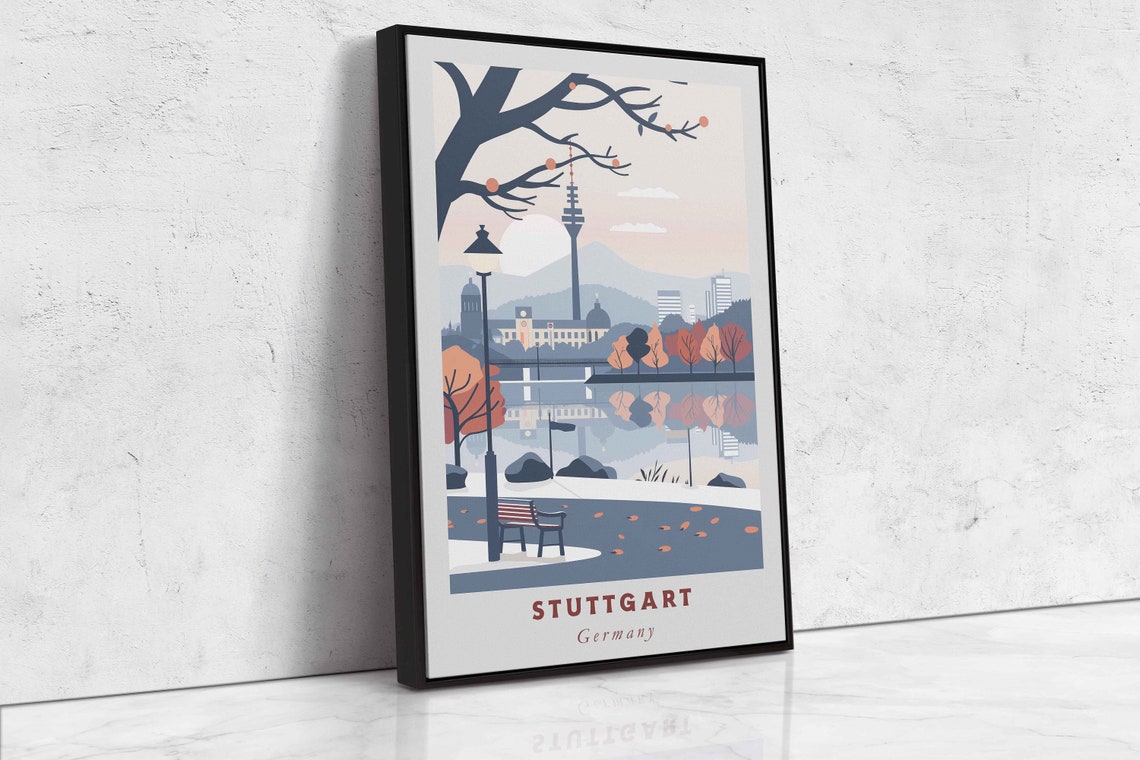 Stuttgart Germany Fernsehturm Autumn Lake Park Bench View Poster - Image 2
