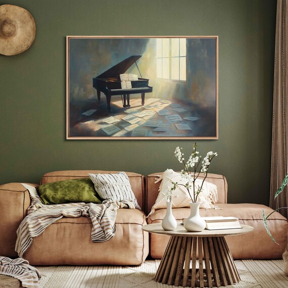 Grand Piano Sunlit Room Painting Sheet Music Scattered Classical Music Elegant Poster