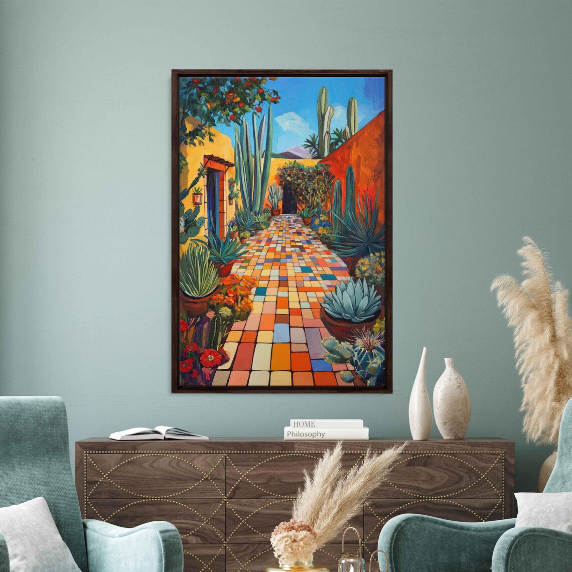 Tranquil Courtyard Cacti, Mexican Architecture Art Print