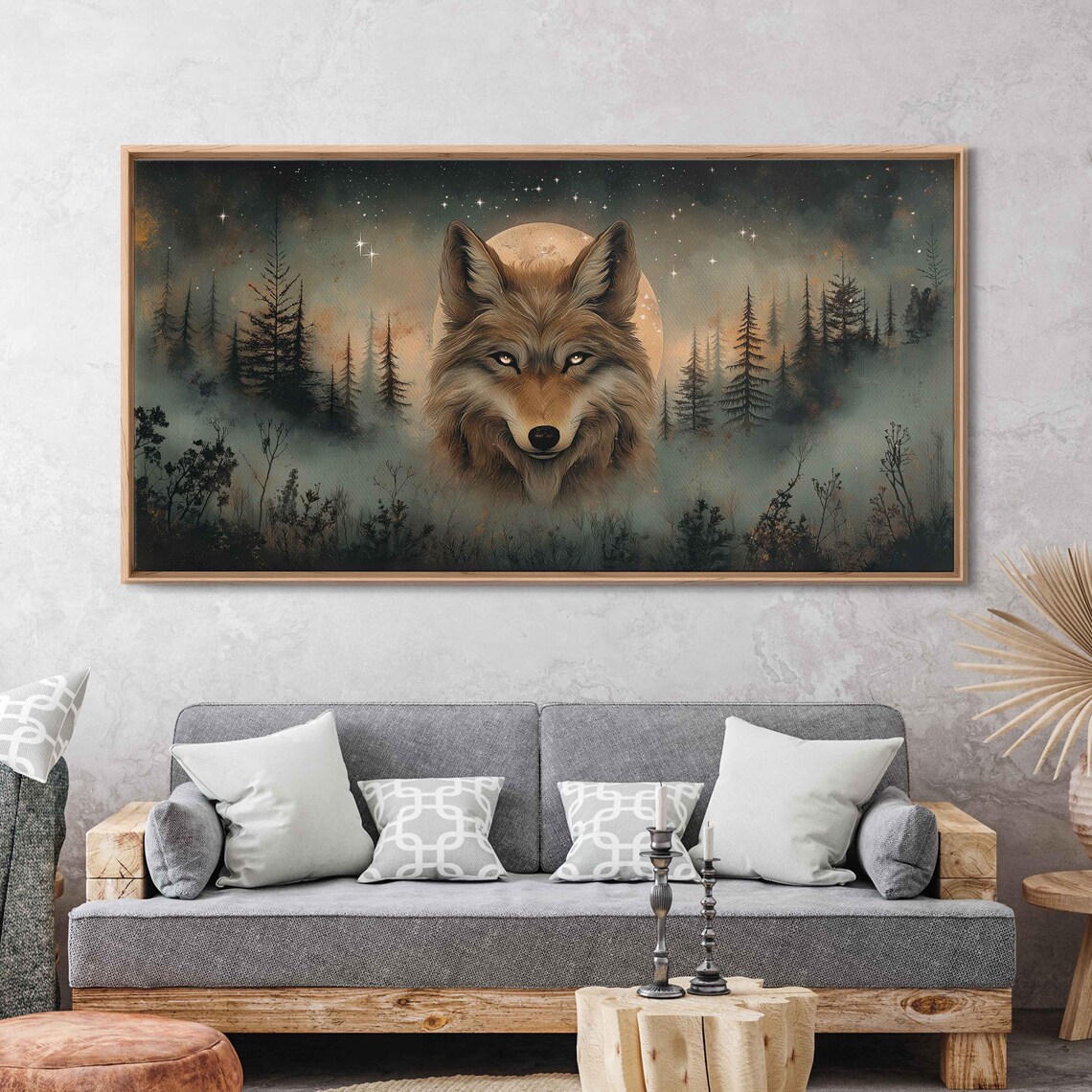 Lunar Wolf Under Full Moon Starry Night Pine Forest Mystical Art Poster