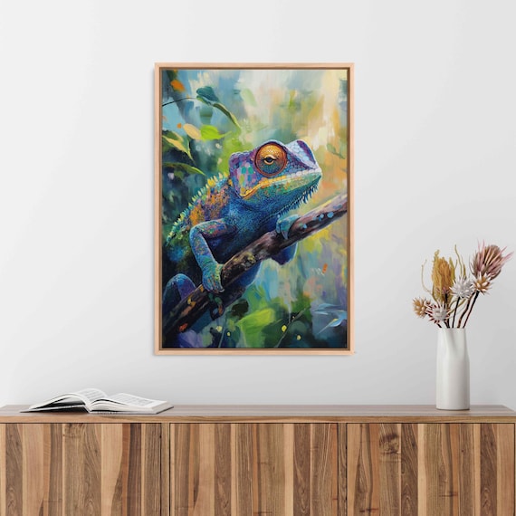 Colorful Chameleon Wall Art Print Stunning Close Up Jungle Inspired Adaptive Nature Impressionistic