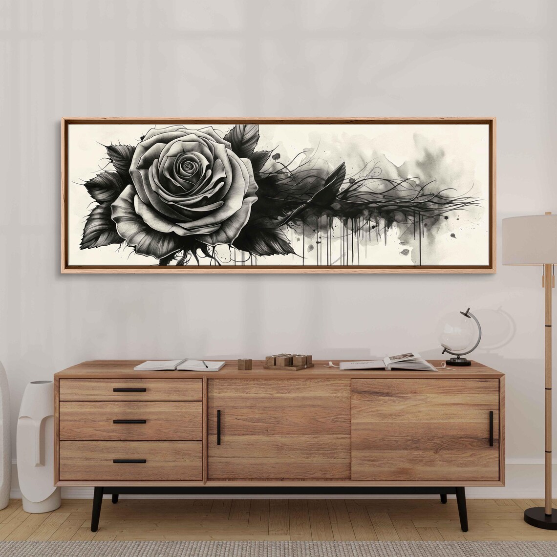 Black Rose Bloom With Ink Drips And Smoke Swirls Dark Floral Wall Poster
