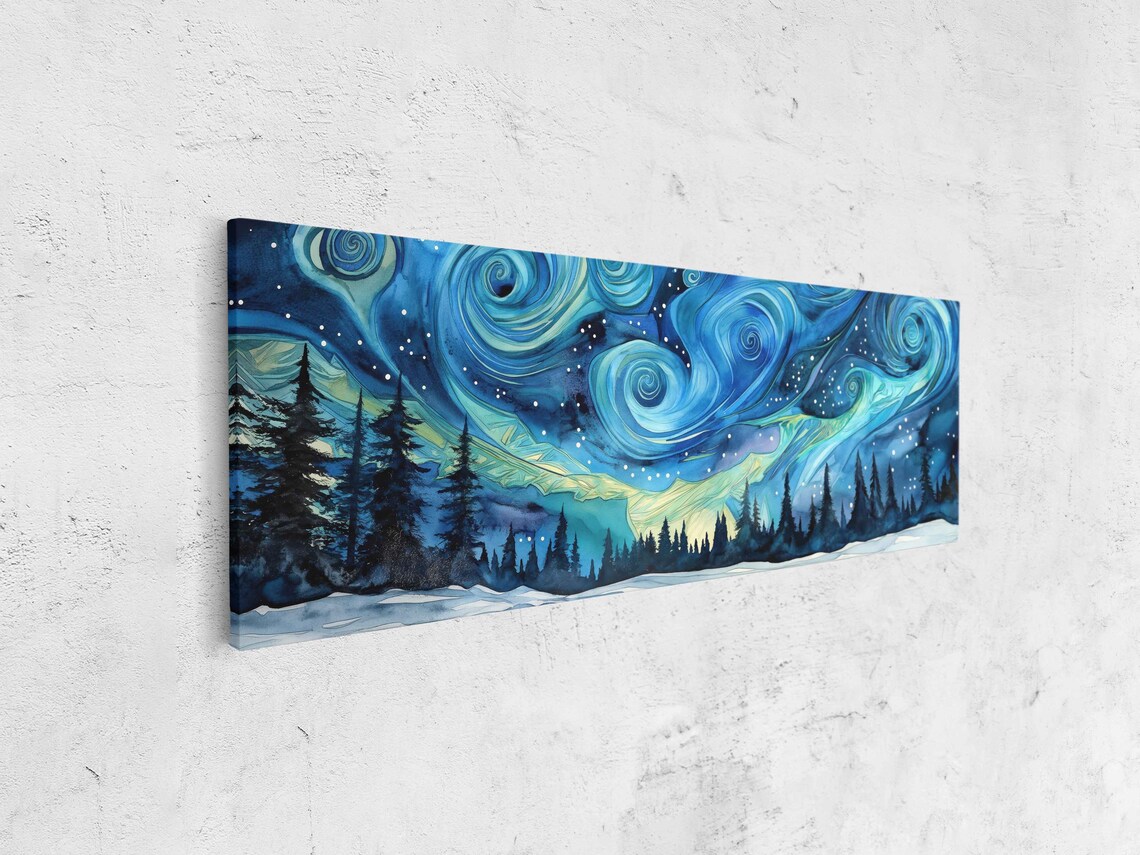Starry Night Northern Lights Swirls Over Snowy Pine Forest Wall Art Poster - Image 4