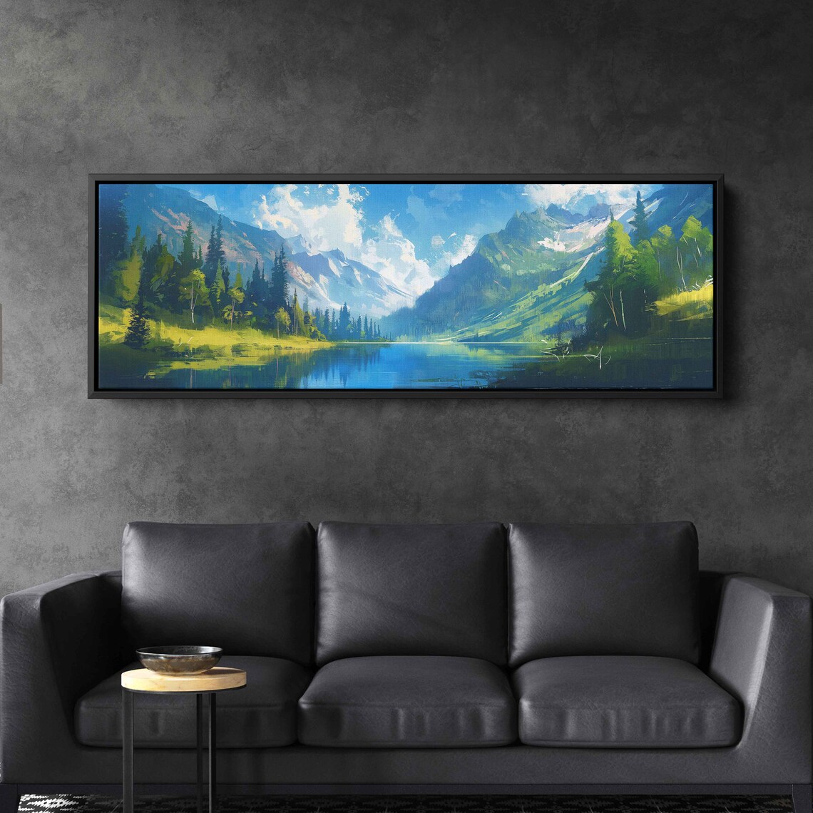 Sunlit Green Mountain Valley Blue Lake Vibrant Landscape Painting Poster - Image 2