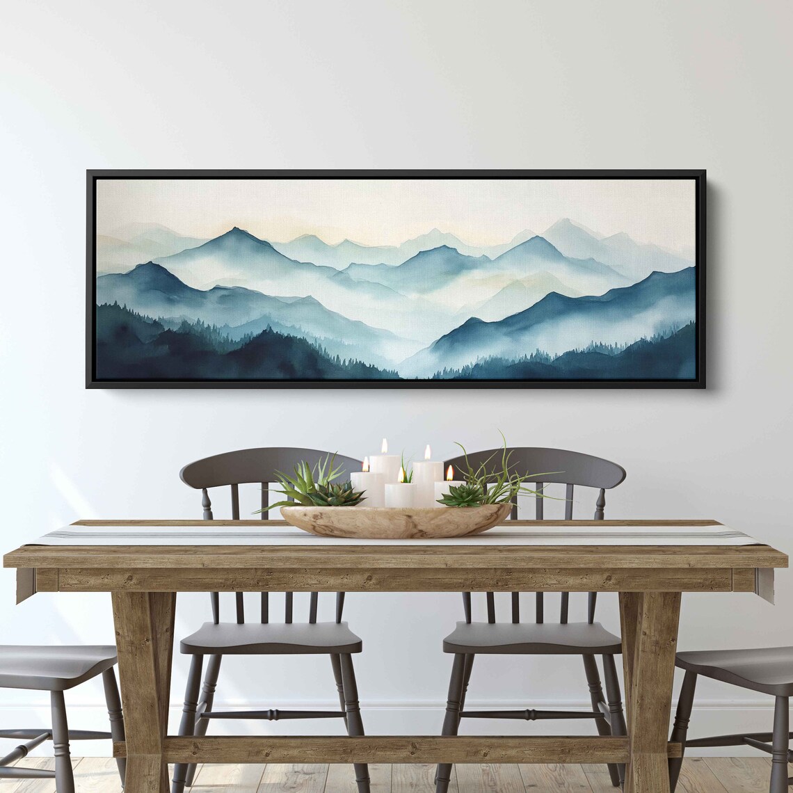 Foggy Mountain Landscape With Trees Painting Framed Print Ready To Hang