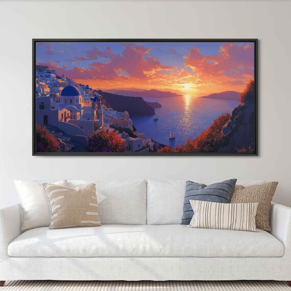 Santorini Greece Sunset Blue Domes Caldera Aegean Sea Sailboats Art Poster
