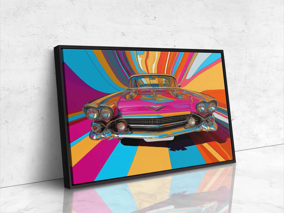 Pink 1950s Classic Car Front View Psychedelic Rays Pop Art Poster - Image 4