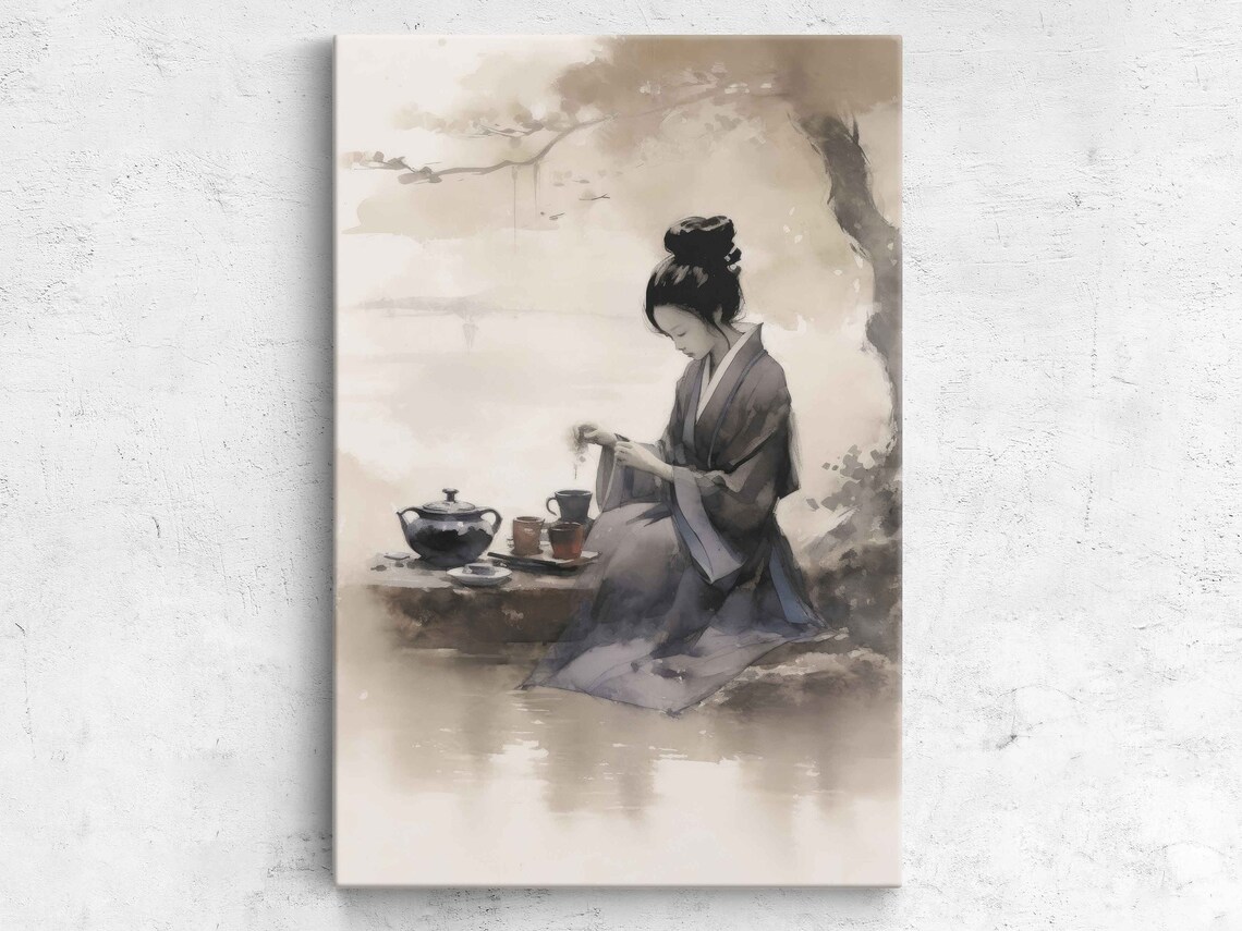 Japanese Woman Kimono Tea Ceremony Ink Watercolor Art Poster