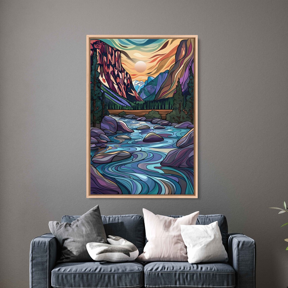 Flowing Rock River Colorful Valley Soothing Sunset Art Framed Print Ready To Hang