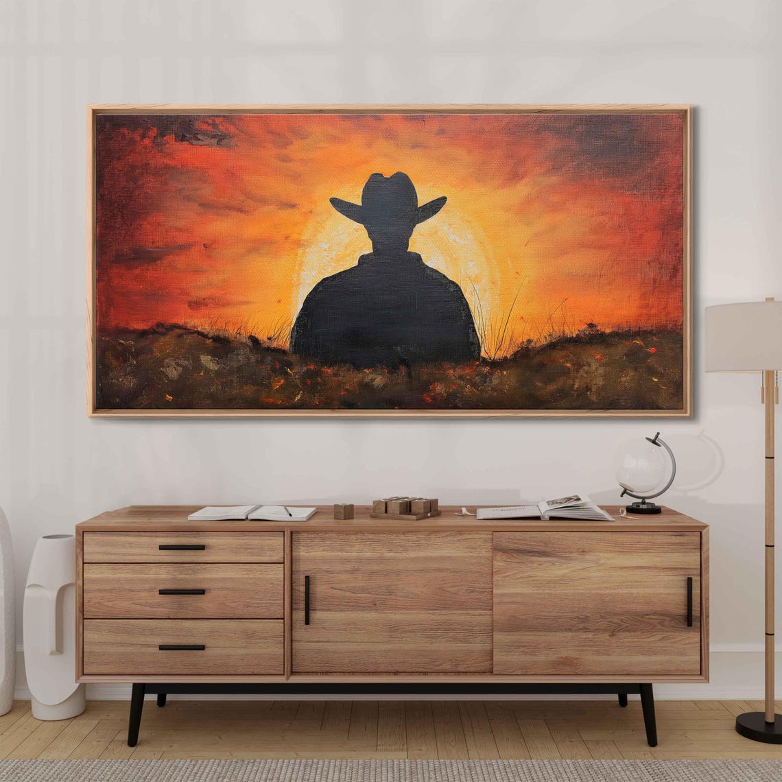 Cowboy Back Silhouette Over Orange Sunset Western Scenic Poster