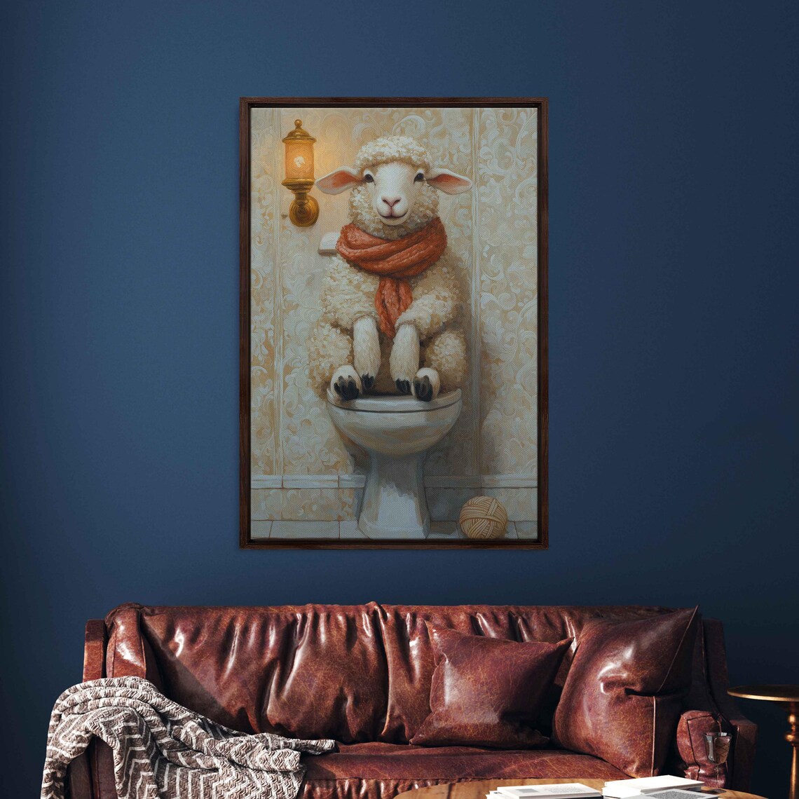 Whimsical Sheep In Scarf On Toilet Vintage Bathroom Cozy Funny Poster