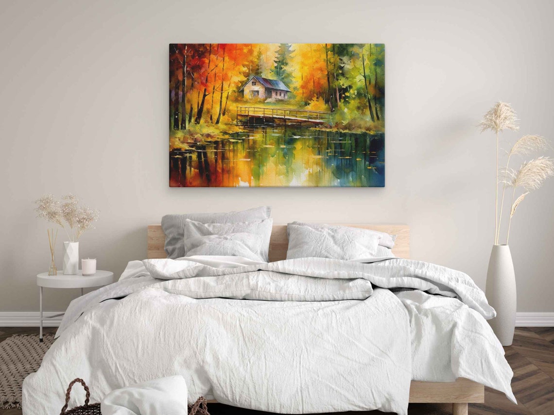 Colorful Watercolor Cabin In The Woods Bridge Over Pond Framed Print Rustic Decor - Image 3