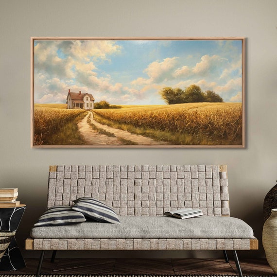 Farmhouse With Crop Field Landscape Painting Blue Cloudy Sky Lush Greenery Wall Art Print Ready To Hang