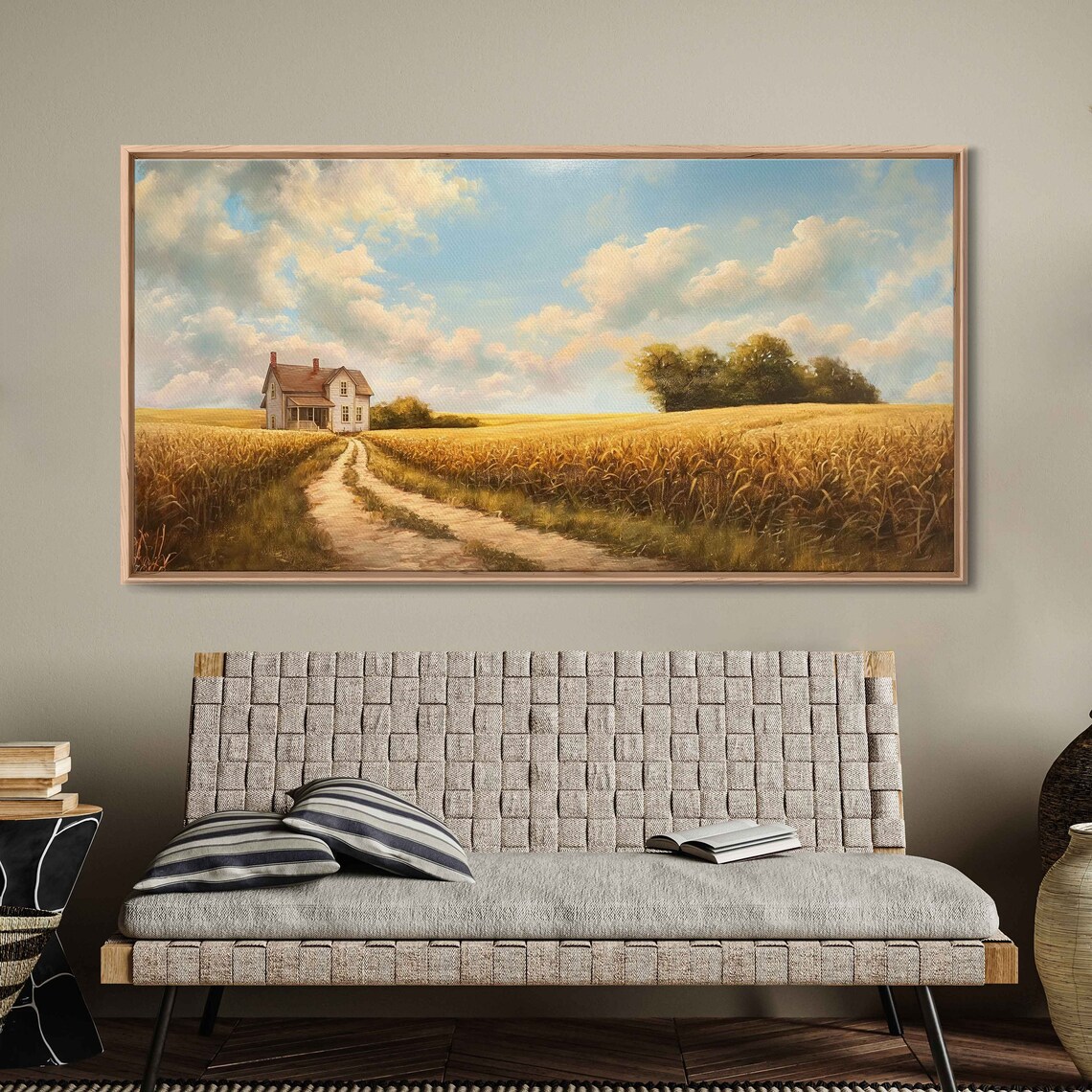 Farmhouse Dirt Road Through Golden Wheat Field Soft Cloudy Sky Art