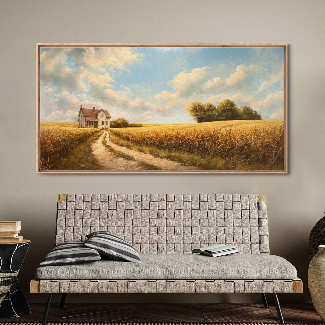 Farmhouse With Crop Field Landscape Painting Blue Cloudy Sky Lush Greenery Wall Art Print Ready To Hang