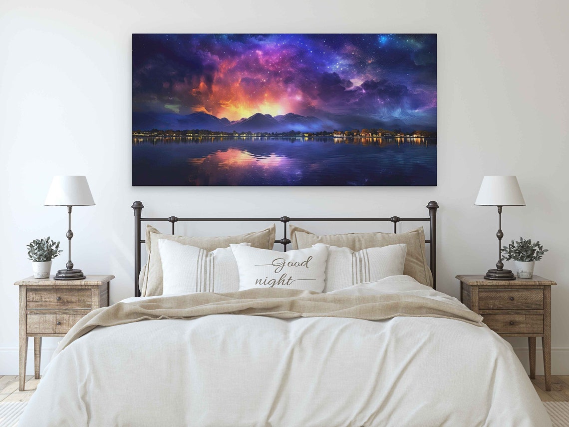 Neon Galaxy Sky Over Mountain Lake Colorful Night Reflection Poster - Image 2