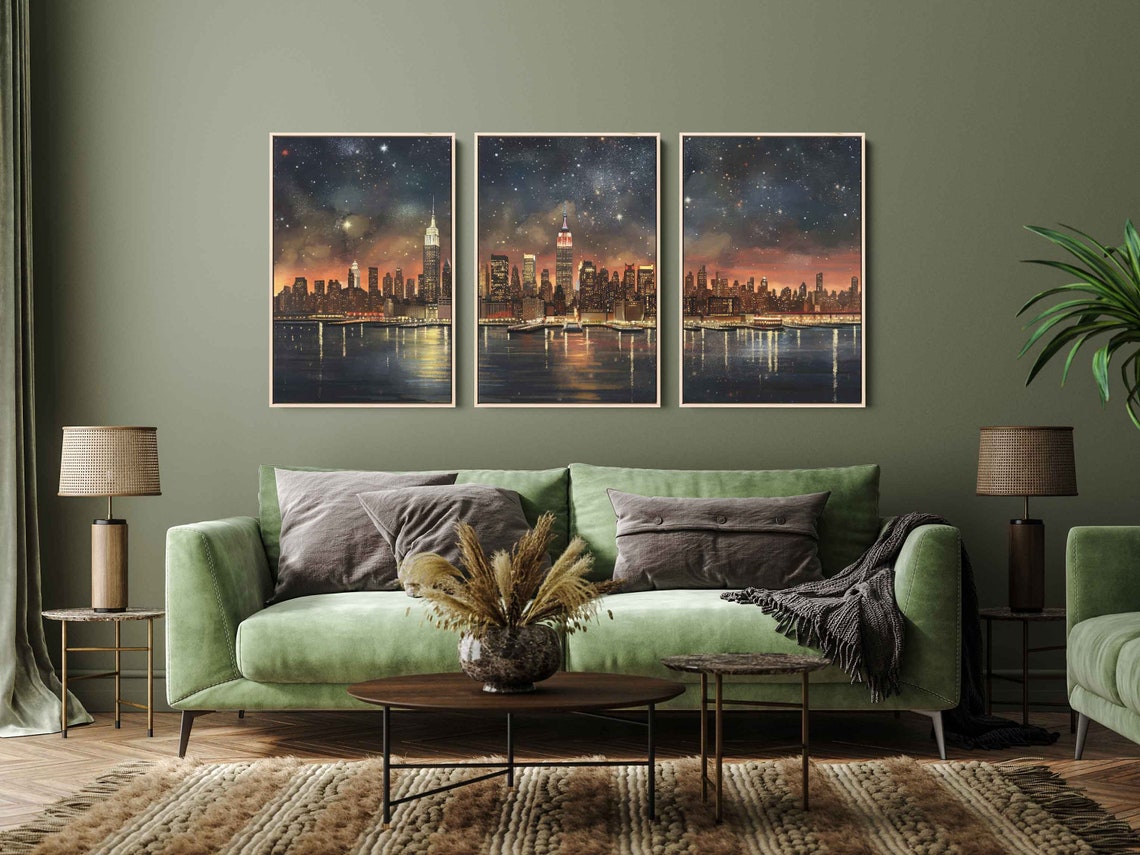 New York Skyline Triptych Wall Art Ready To Hang Starry Sky Over Hudson River Empire State Building Ready To Hang - Image 3