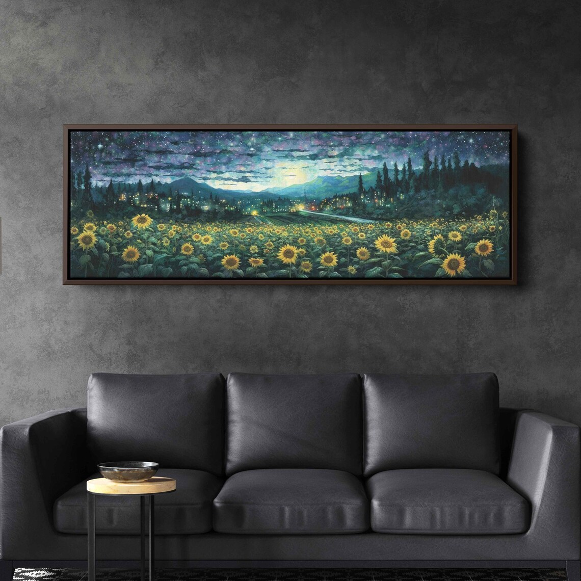 Sunflower Field Starry Night City Lights Panoramic Countryside Painting Poster - Image 2