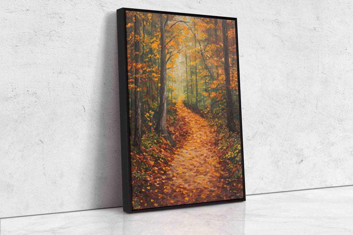 Golden Forest Path Covered In Fallen Leaves Autumn Acrylic Art Poster - Image 4