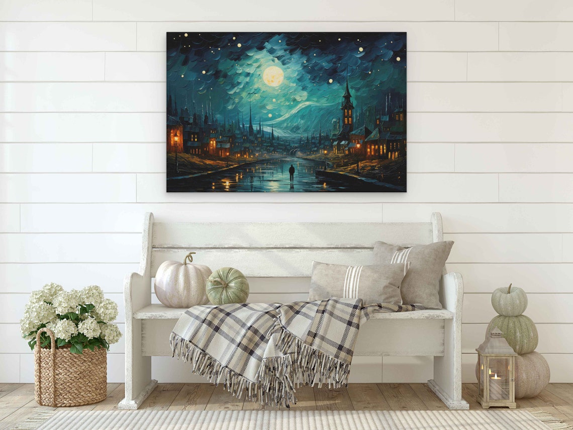 Spooky Moonlit Village Van Gogh Inspired Impressionist Painting Framed Print Ready To Hang - Image 2