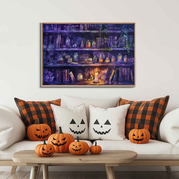 Whimsical Witches Magical Library With Potions And Spellbooks Watercolor Wall Art Print Burning Candle Ready To Hang