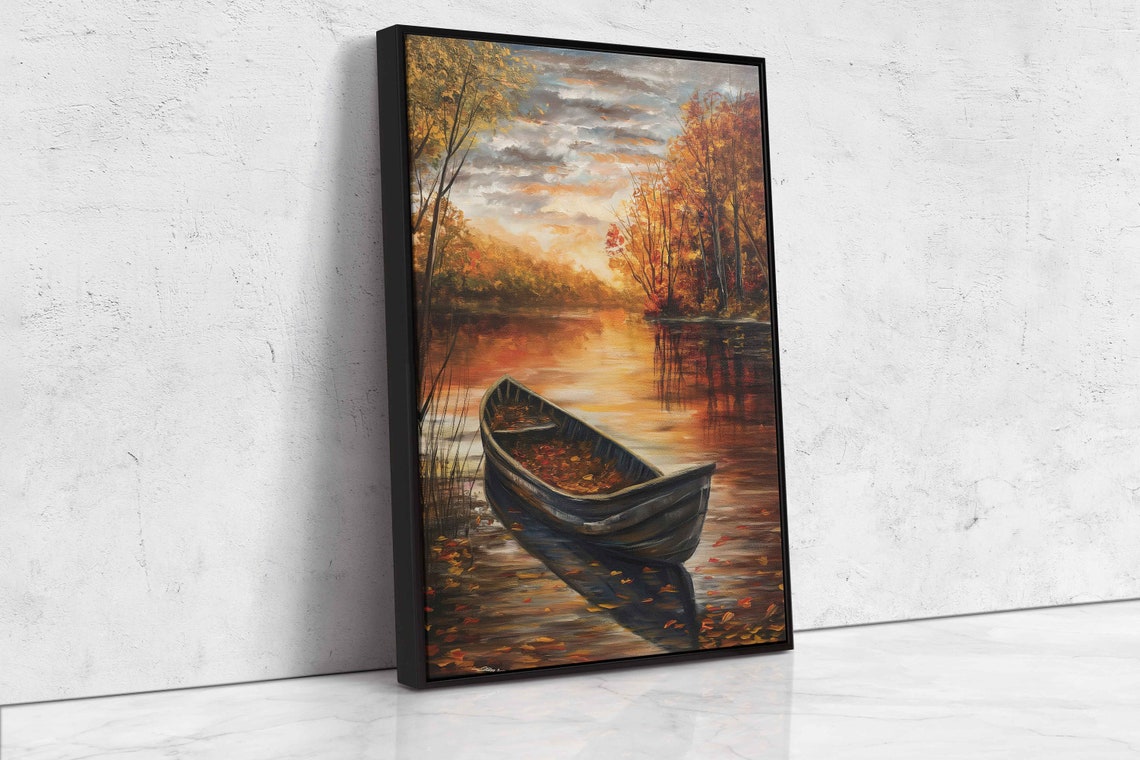 Wooden Canoe Filled With Leaves On Autumn River At Sunset Poster - Image 4