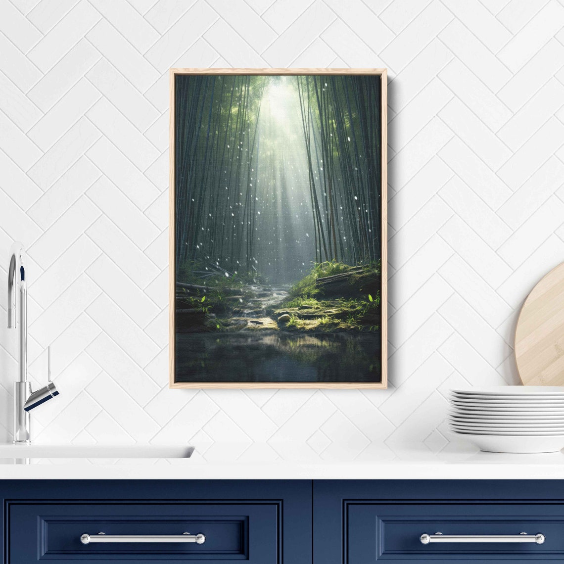 Sunlit Bamboo Forest Sunbeam Pond Reflection Serene Nature Poster - Image 3