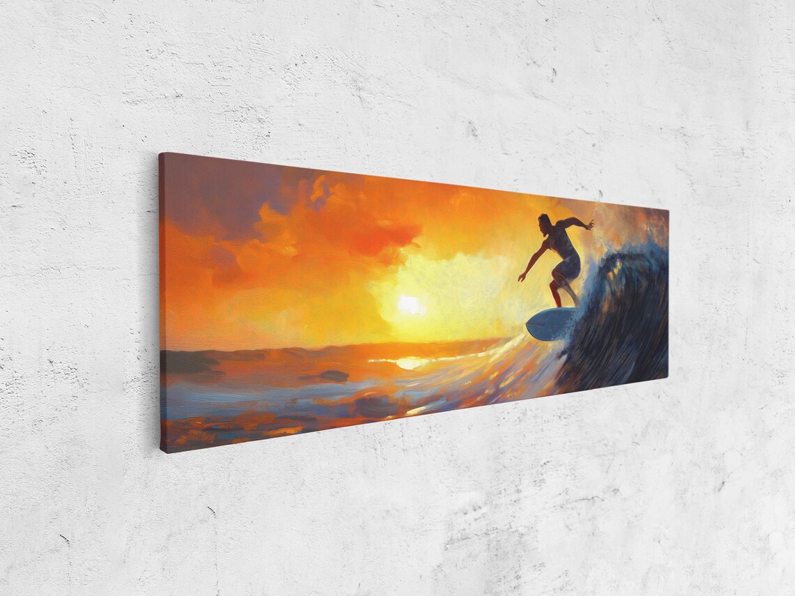 Surfer Riding Wave At Golden Orange Sunset Ocean Painting Poster - Image 4