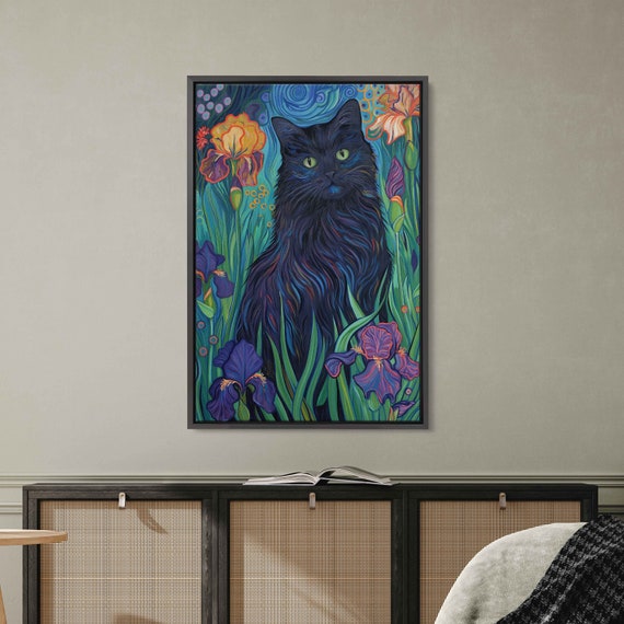 Colorful Van Gogh Inspired Black Cat Flower Painting Framed Print Ready To Hang