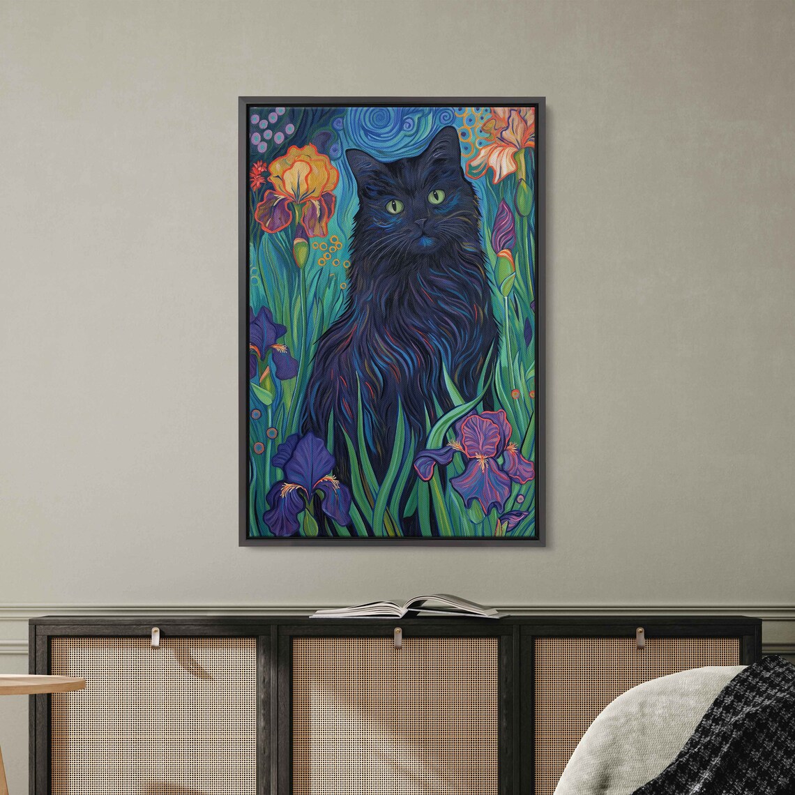 Black Cat Among Colorful Iris Flowers Van Gogh Style Whimsical Art Poster