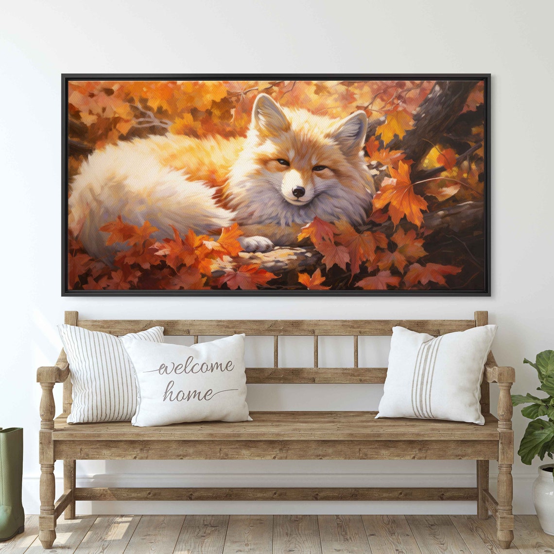 Sleepy Fox Curled In Autumn Leaves Warm Orange Forest Art Print - Image 3