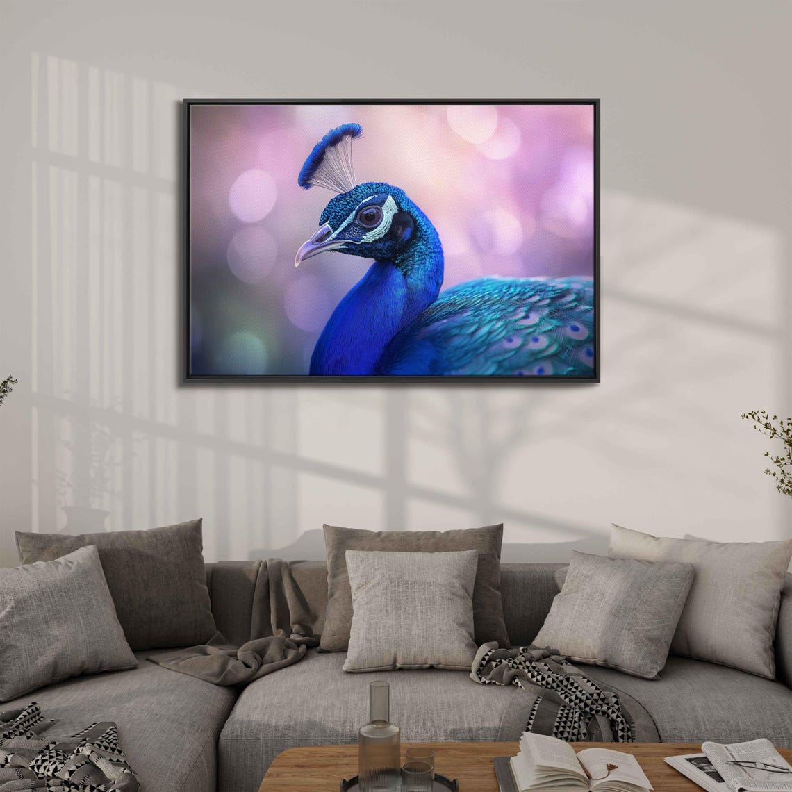 Peacock Head Closeup Blue Feathers Pink Bokeh Wall Art Print