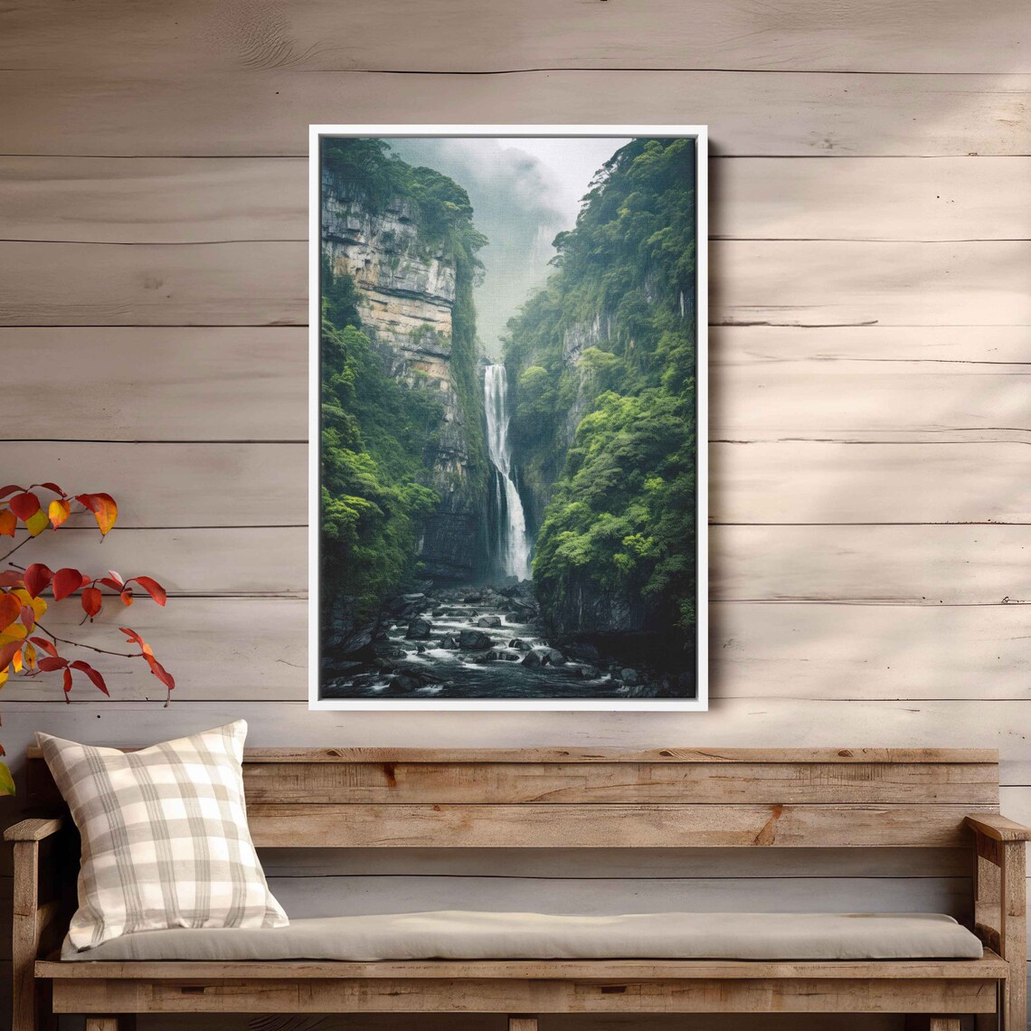 Towering Waterfall Misty Jungle Canyon Lush Green Cliffs Nature Poster - Image 3
