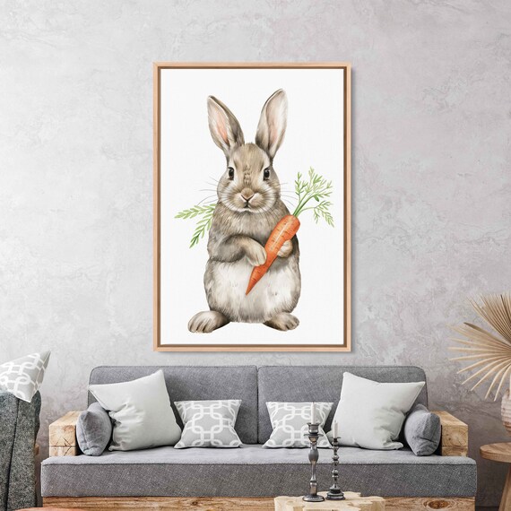 Smiling Bunny Holding Carrot Sweet Minimalist Watercolor Animal Wall Art