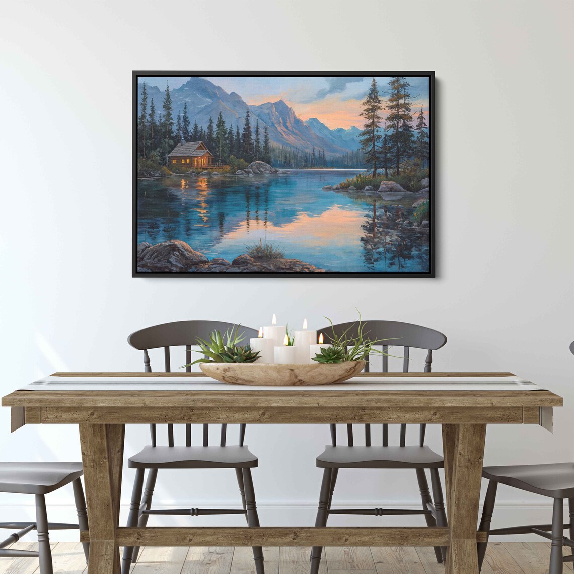 Log Cabin on Mountain Lake at Dusk, Art Print - Image 2