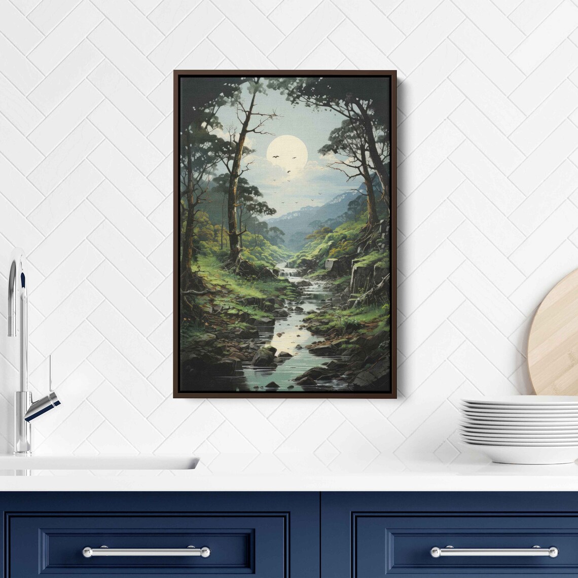 Sunlit Forest Stream Tranquil Nature Painting Framed Print Ready To Hang - Image 2