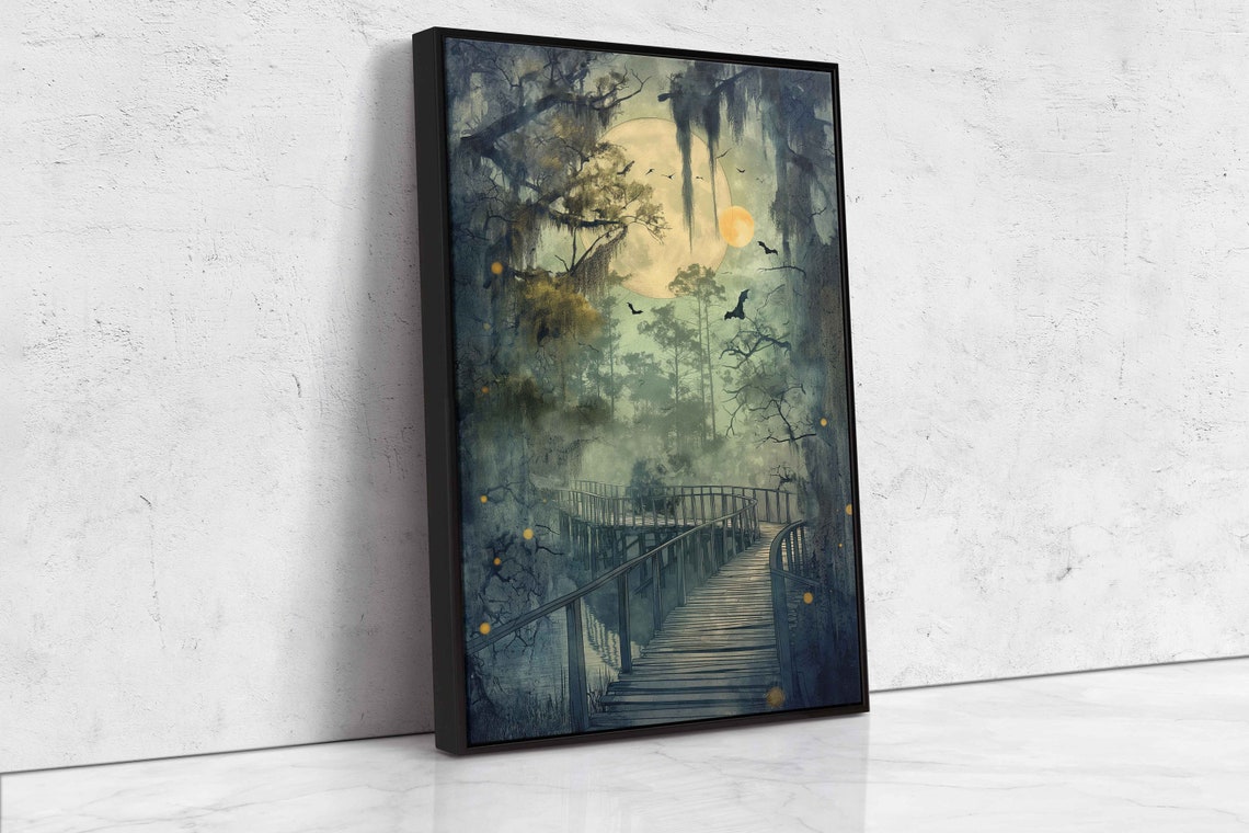 Misty Swamp Boardwalk Under Full Moon Bats Fireflies Night Poster - Image 4
