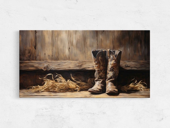 Cowboy Boots Oil Painting Framed Print Ready To Hang Rustic Art