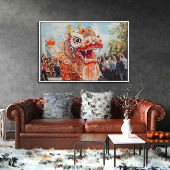 Dragon Dance Parade Art Print, Festive Costumes