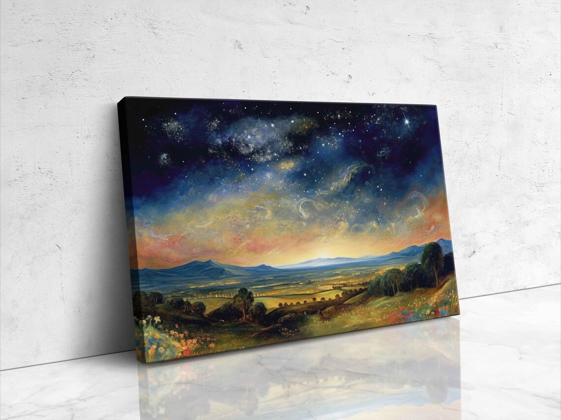 Starry Night Sky Over Valley Warm Vintage Tones Countryside Landscape Art Poster - Image 4