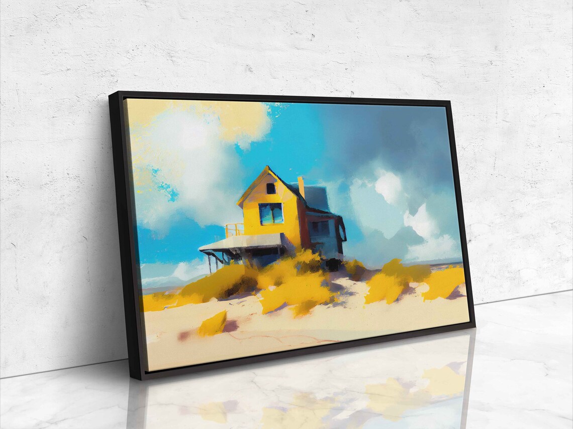 Yellow Beach House On Dunes Sunny Coastal Semi Abstract Oil Painting Poster - Image 4