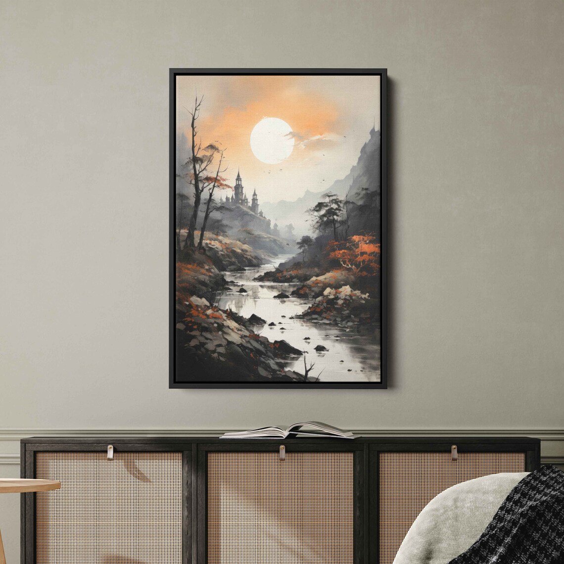Watercolor River Castle Wall Art Print Dead Trees Medieval Castles Mountain Range Rising Sun Ready To Hang