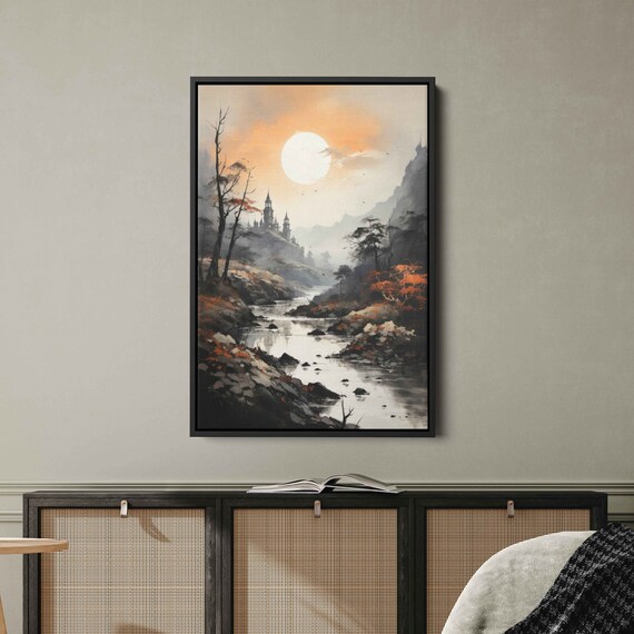 Watercolor River Castle Wall Art Print Dead Trees Medieval Castles Mountain Range Rising Sun Ready To Hang